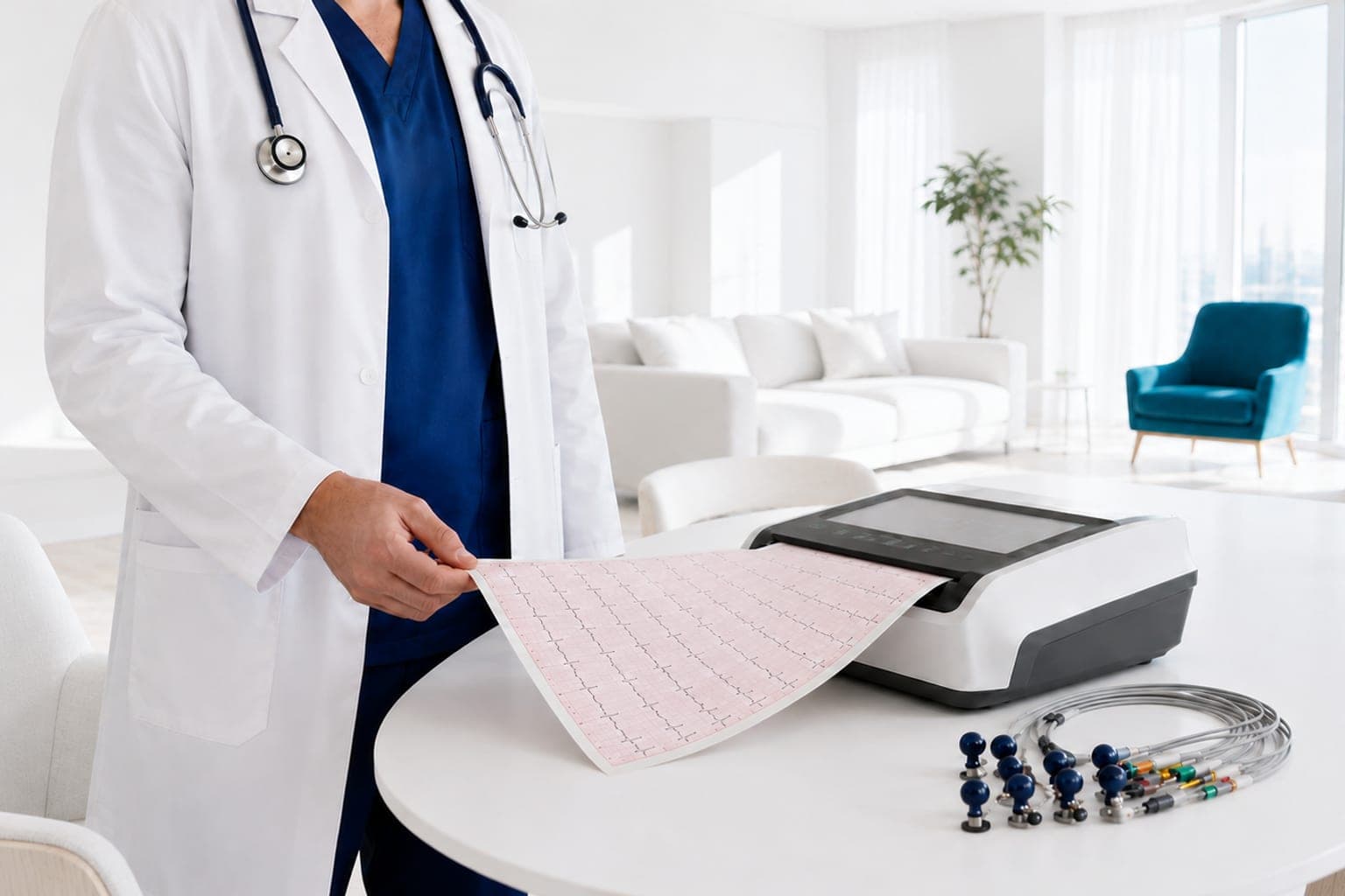 Hekim, hastanın evinde alınan EKG çıktısını değerlendiriyor